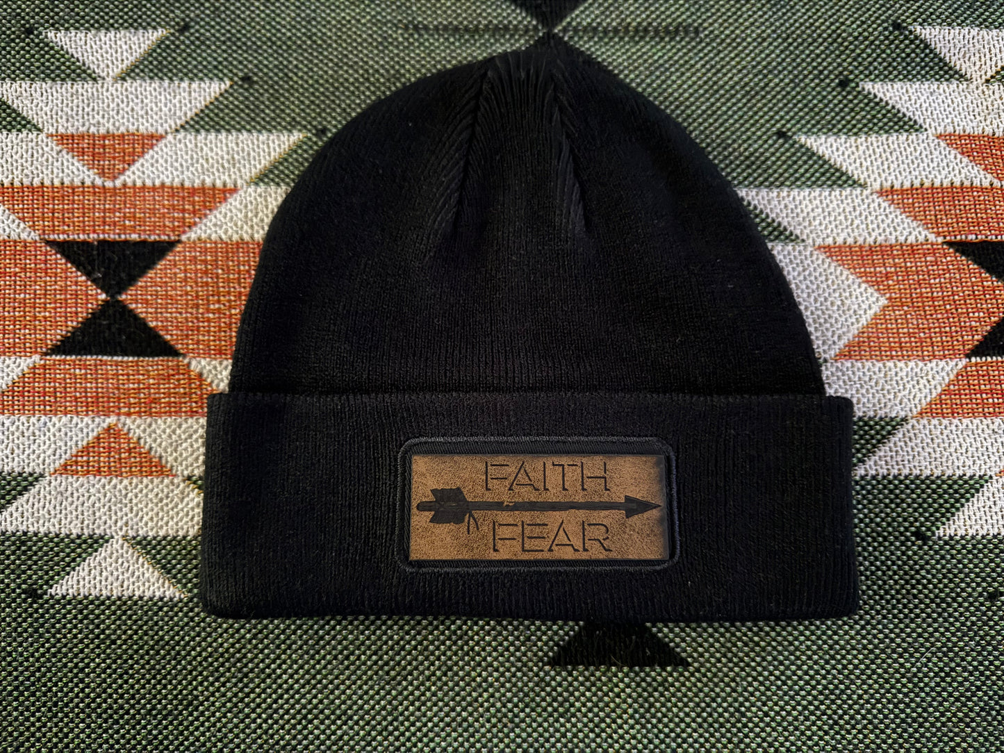 Faith Over Fear Leather Patched Beanie